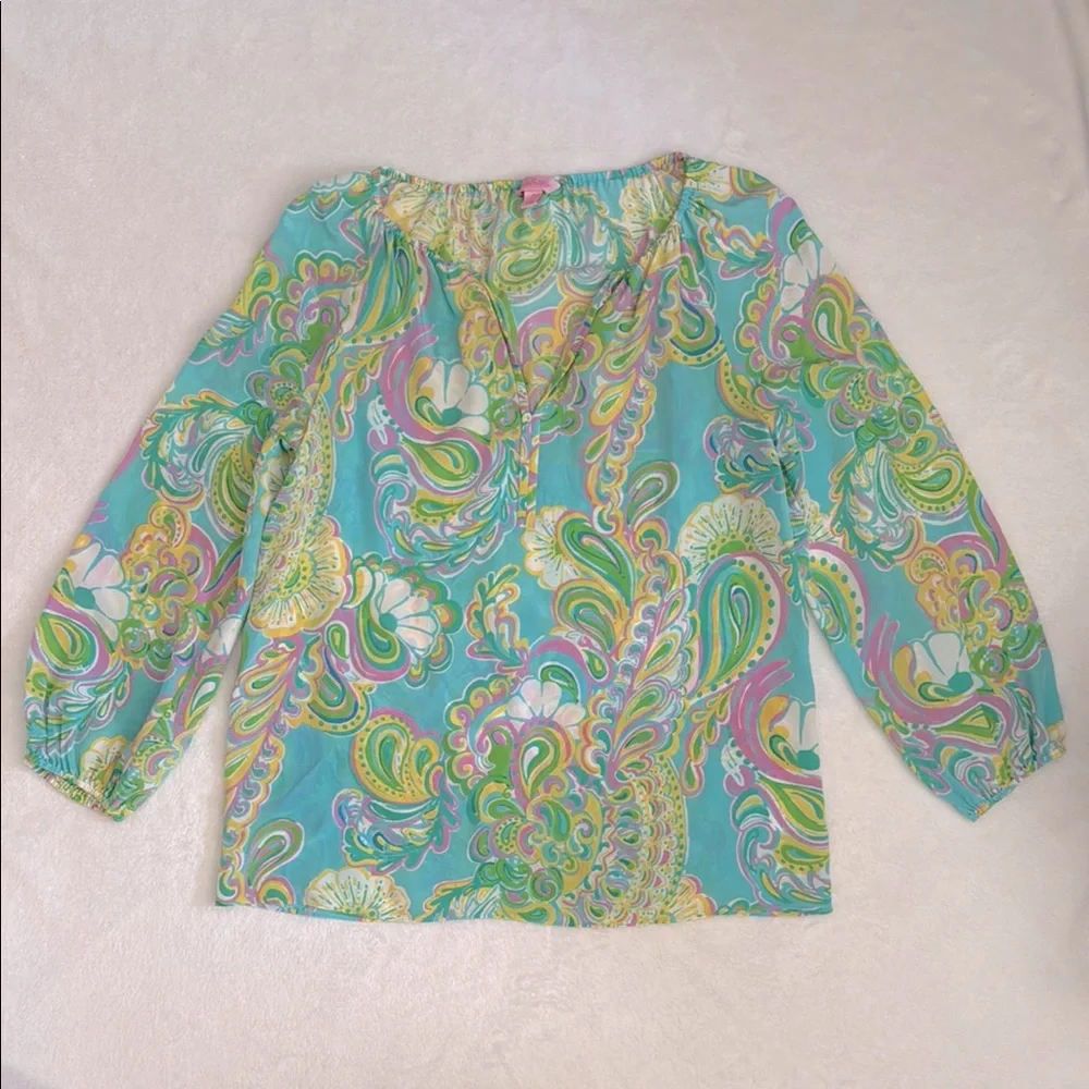 Lilly Pulitzer | Sarabeth 3/4 Sleeve Silk Blouse Double Trouble 91852 (S) - Picture 2 of 16